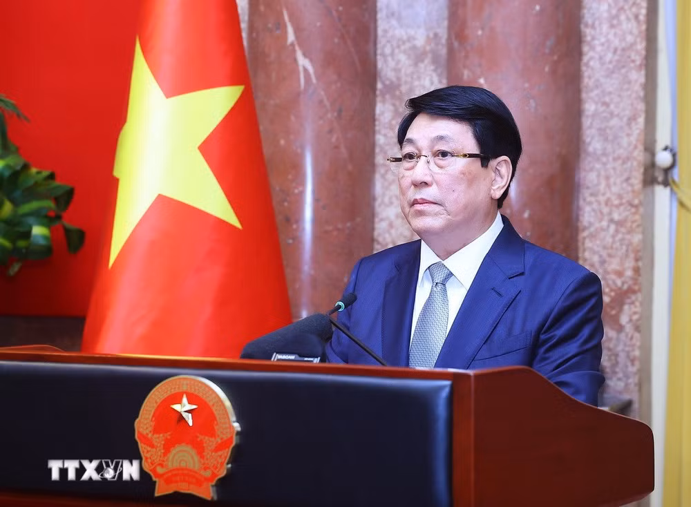 Chủ tịch nước Lương Cường phát biểu tại buổi gặp mặt. Ảnh: TTXVN.