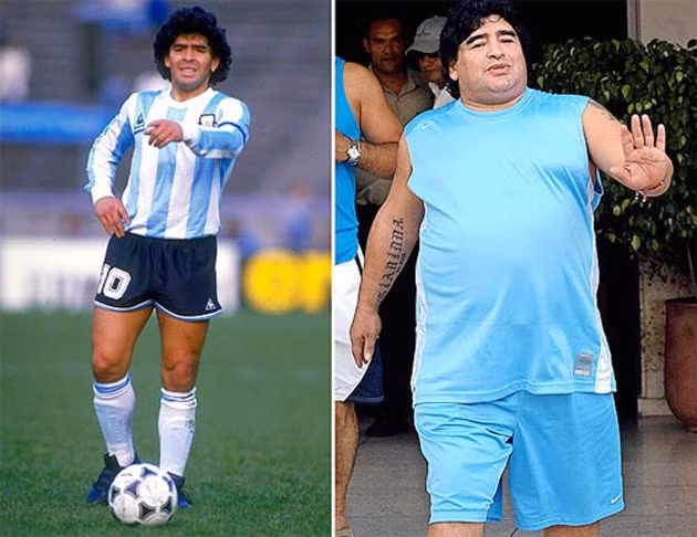 Ma túy và rượu cùng các chế độ ăn uống không hợp lý đã biến Diego Maradona trở thành một người đàn ông béo mập với những bước đi nặng nề.