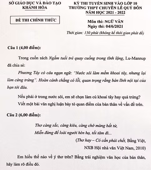 Đề thi môn Văn vào lớp 10 trường THPT chuyên Lê Quý Đôn. Ảnh T.L