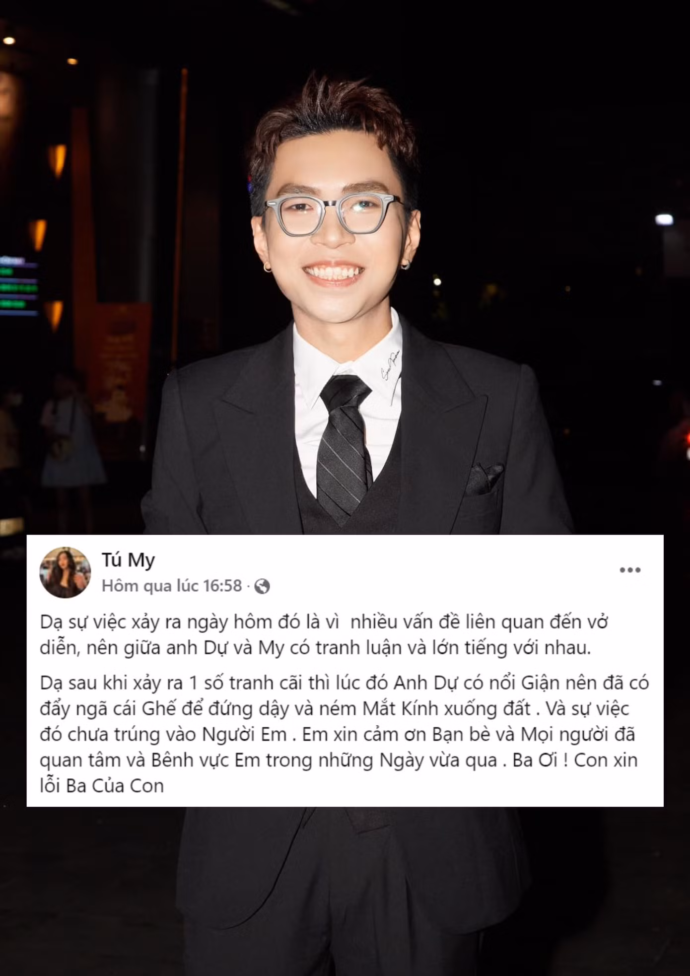 Diễn viên Tú My tường thuật lại sự việc khiến ba bức xúc.
