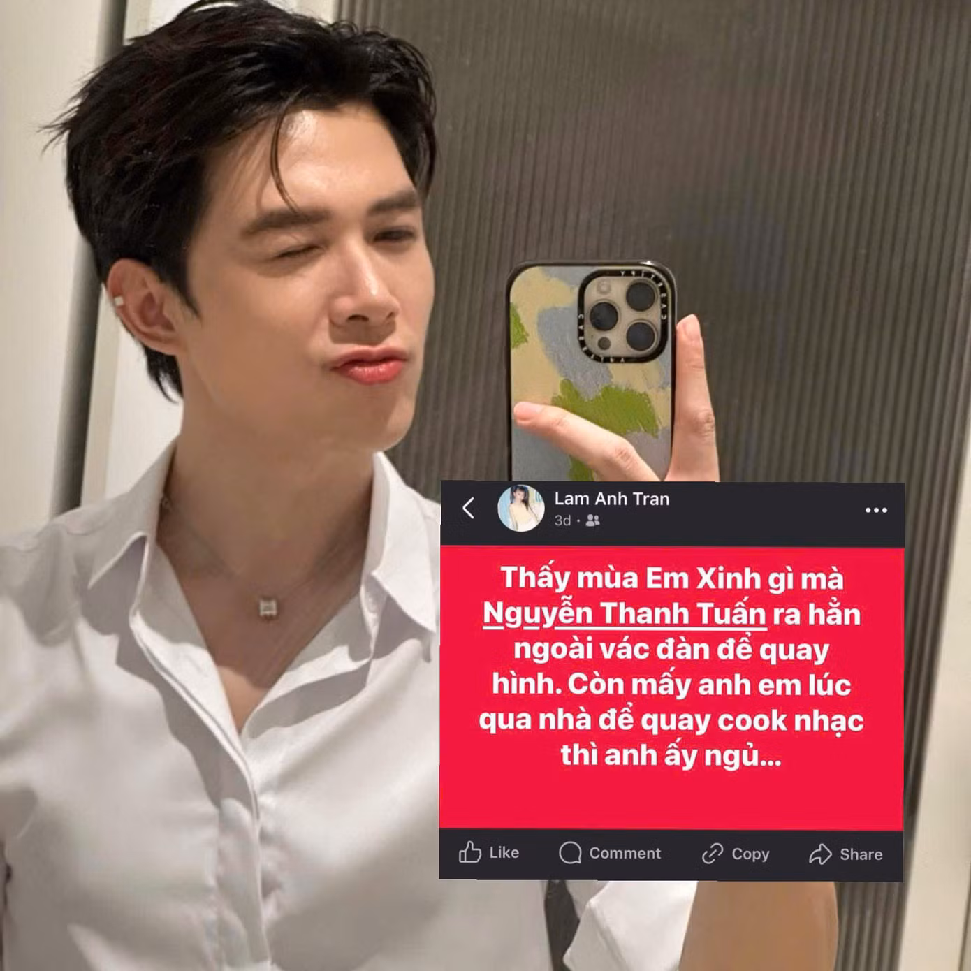 “Thấy mùa Em Xinh gì mà anh Tuấn ra hẳn ngoài vác đàn để quay hình. Còn mấy anh em lúc qua nhà để làm nhạc thì anh ấy ngủ” - Atus viết.