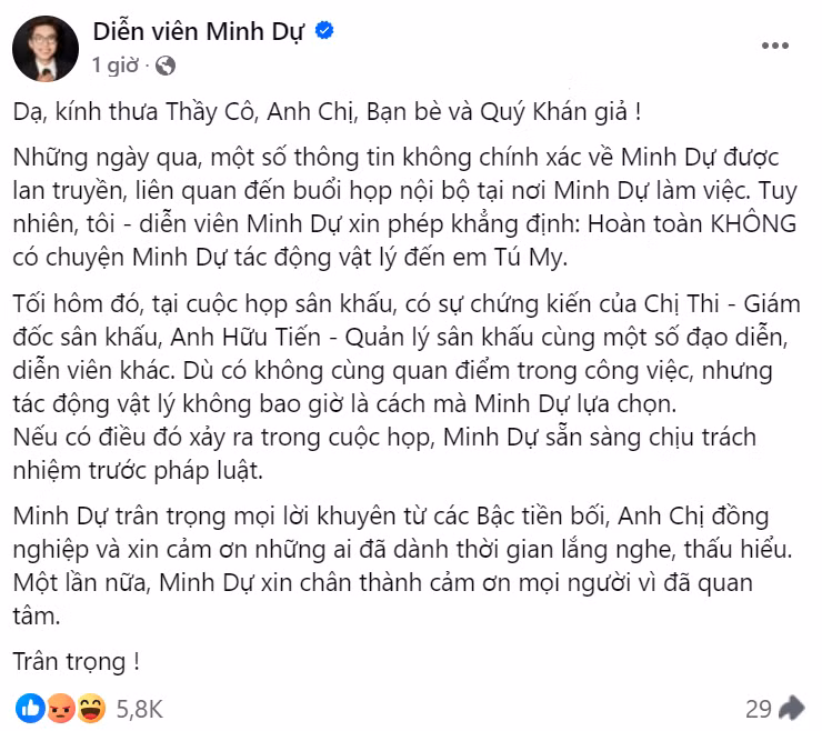 Dẫu vậy, bài đăng giải thích của Minh Dự hiện đang nhận nhiều lượt phẫn nộ từ netizen. Nam diễn viên cũng có động thái giới hạn bình luận.