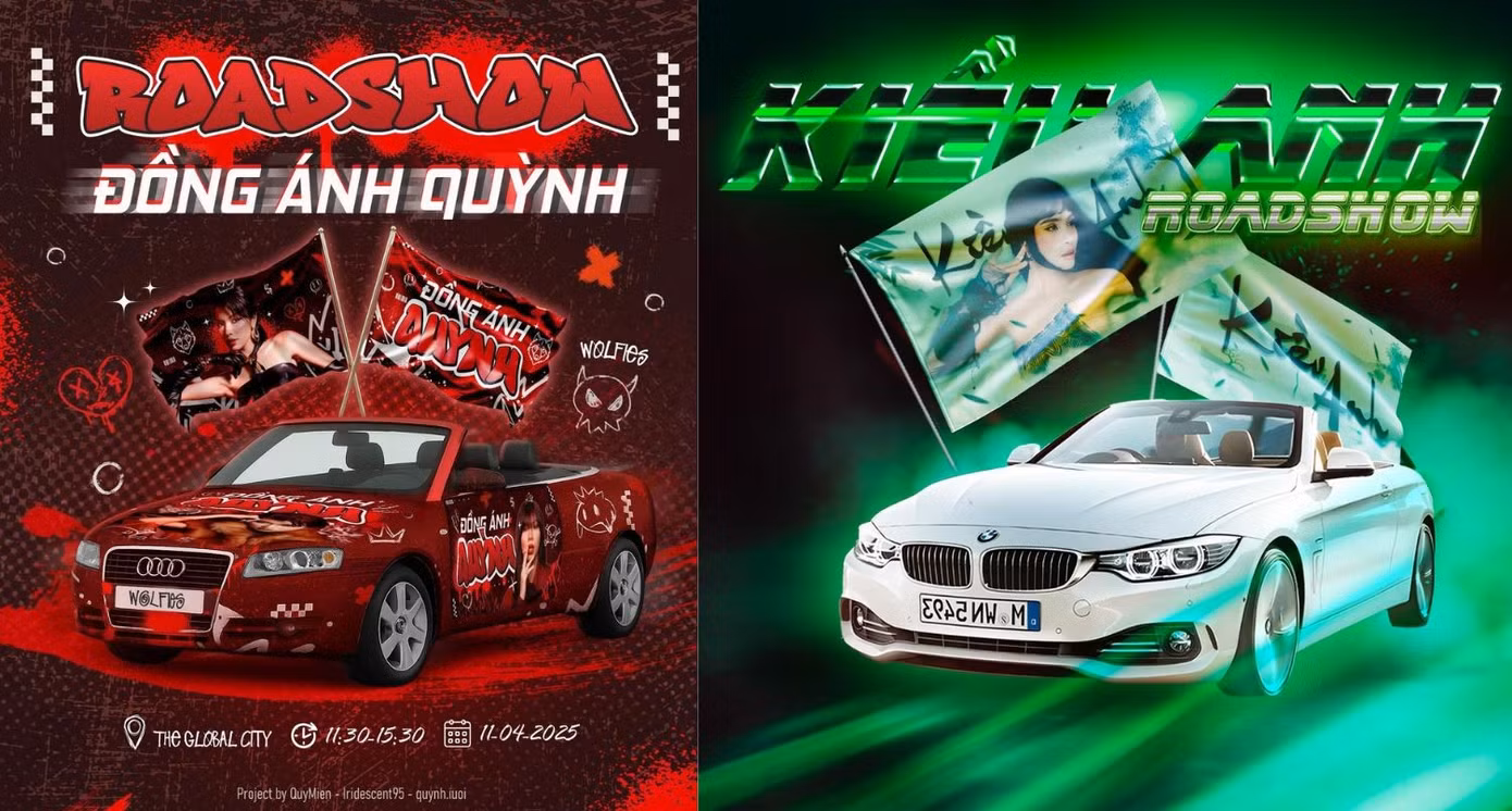 FC Kiều Anh và FC Đồng Ánh Quỳnh đầu tư mạnh tay khi thuê siêu xe treo cờ mang hình ảnh thần tượng để quảng bá trong khu vực tổ chức concert.