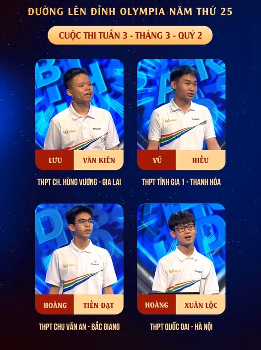 Bốn thí sinh trong vòng thi tuần cuối cùng của tháng 3. Nguồn: Fanpage Đường Lên Đỉnh Olympia Bốn thí sinh trong vòng thi tuần cuối cùng của tháng 3. Nguồn: Fanpage Đường Lên Đỉnh Olympia
