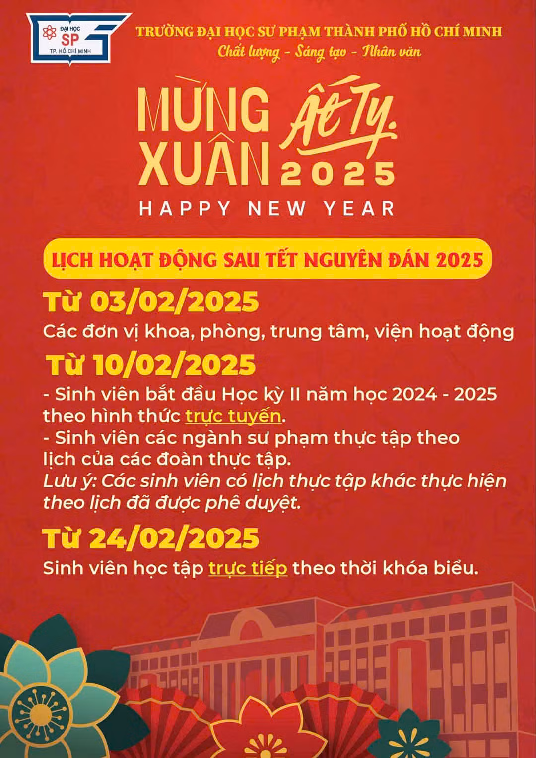 Sinh viên ĐH Sư phạm TP.HCM được tạo điều kiện đến ngày 24/2 mới quay trở lại trường học. Nguồn ảnh: Trường ĐH Sư phạm TP.HCM