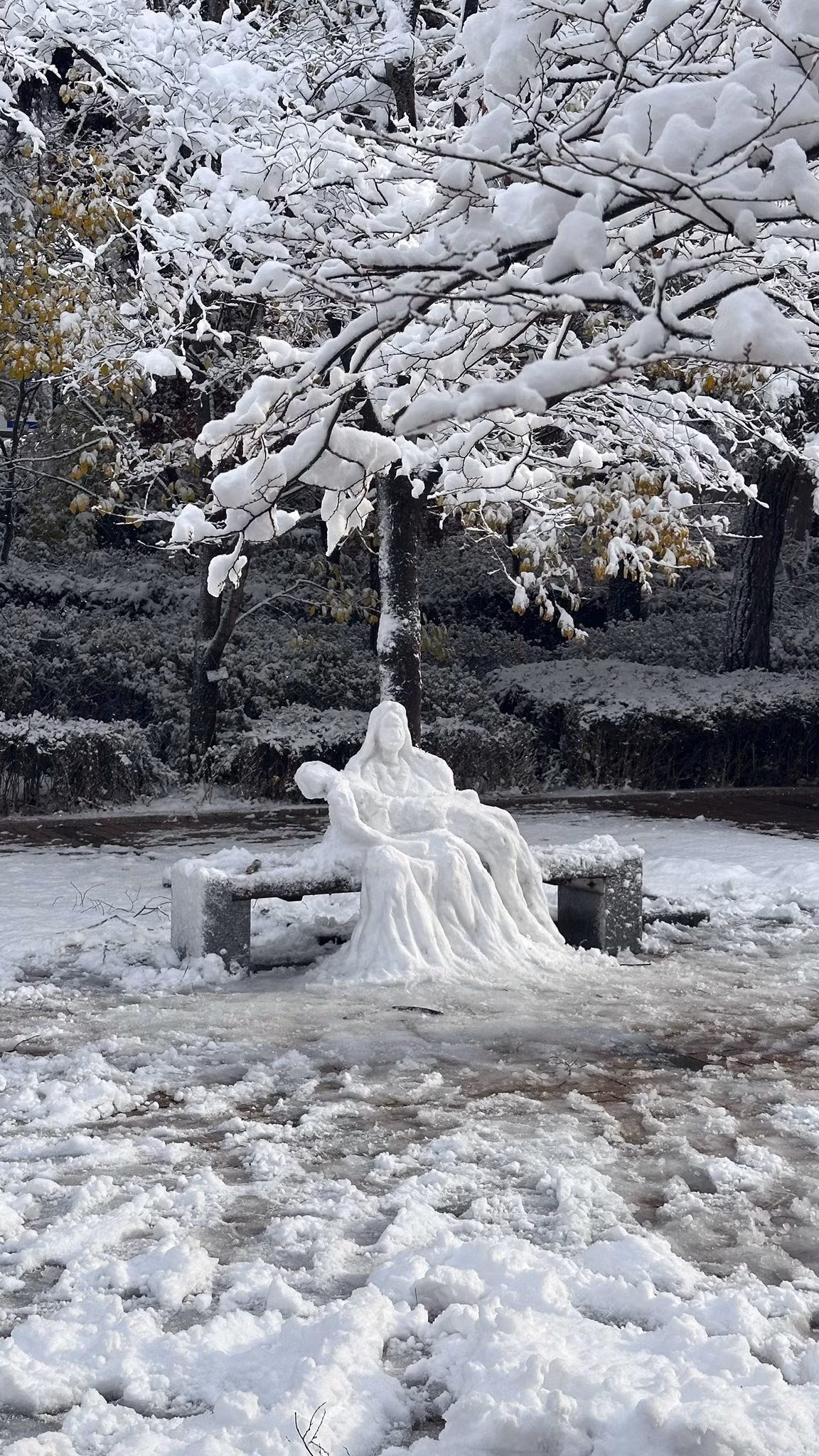 Tác phẩm Pietà bằng tuyết thu hút sự chú ý của cộng đồng mạng vì tính nghệ thuật. Ảnh: VKR News, 국민대학교 Kookmin University