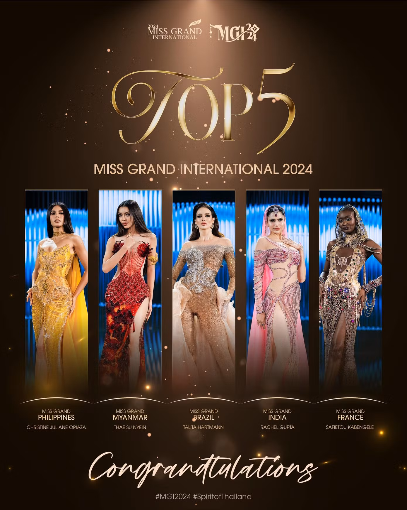 Top 5 người đẹp chung cuộc của Miss Grand International 2024. Top 5 người đẹp chung cuộc của Miss Grand International 2024.