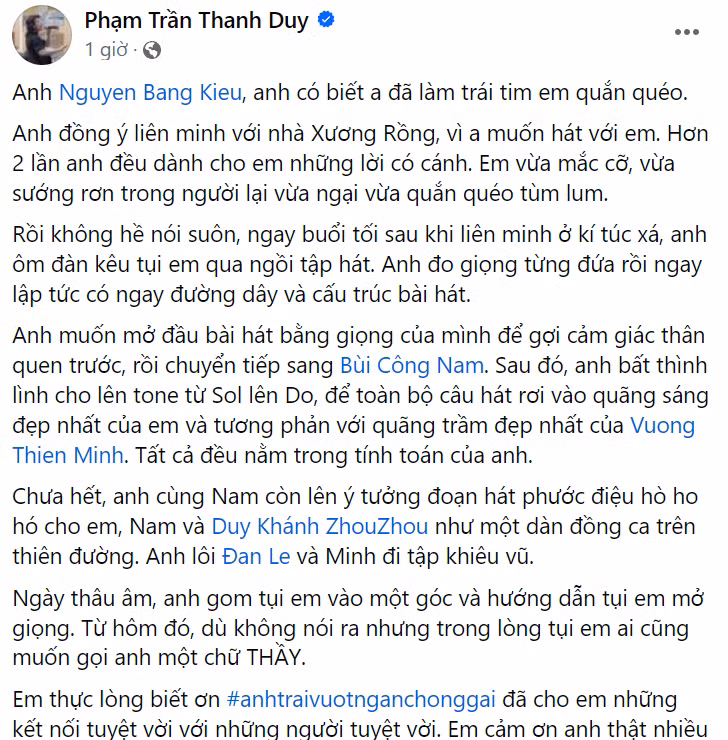 Thanh Duy trân quý tình cảm của anh lớn Bằng Kiều.
