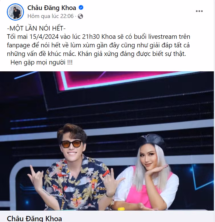 Châu Đăng Khoa chủ động thông báo trước một ngày về buổi livestream. Châu Đăng Khoa chủ động thông báo trước một ngày về buổi livestream.