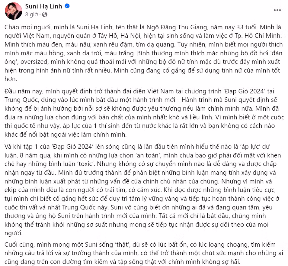 Dòng tâm sự của Suni Hạ Linh nhận được sự an ủi, ủng hộ từ khán giả. Dòng tâm sự của Suni Hạ Linh nhận được sự an ủi, ủng hộ từ khán giả.