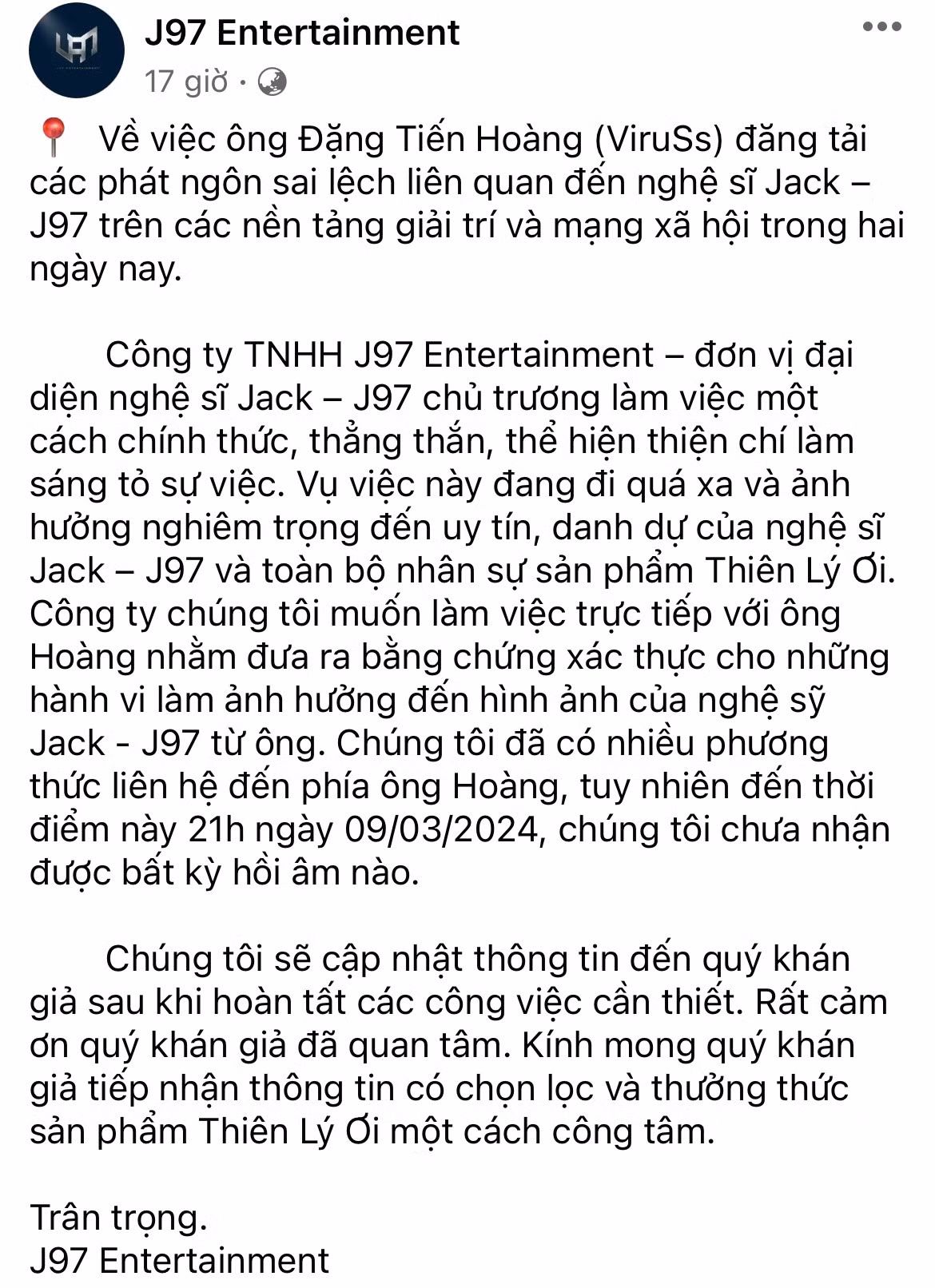 Bài đăng từ phía công ty J97 Entertainment khiến dư luận xôn xao.