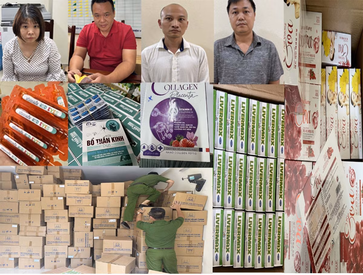 Các đối tượng (từ trái qua phải): Nga, Đôn, Hải, Phúc và các tang vật thu được. Ảnh do Công an Thanh Hoá cung cấp. Các đối tượng (từ trái qua phải): Nga, Đôn, Hải, Phúc và các tang vật thu được. Ảnh do Công an Thanh Hoá cung cấp.