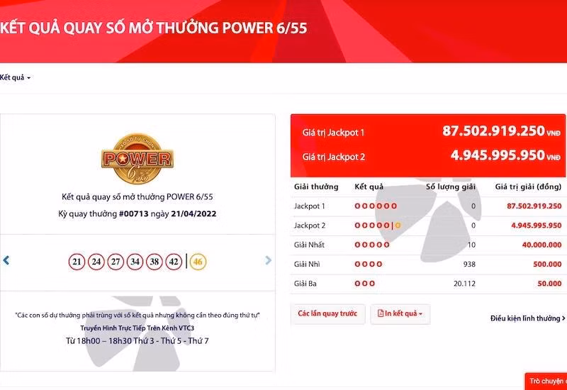 Giá trị các Jackppot hiện tại của Power 6/55. Giá trị các Jackppot hiện tại của Power 6/55.