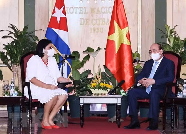 Chủ tịch nước Nguyễn Xuân Phúc tiếp Phó Chủ tịch thứ nhất Viện Cuba hữu nghị với các dân tộc (ICAP) Noemi Rabaza Fernandesz. (Ảnh: Thống Nhất/TTXVN)