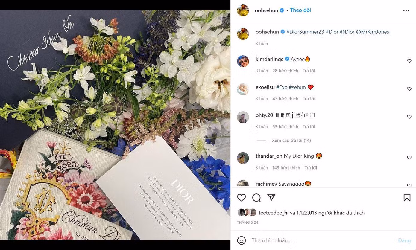 Tuy không tham dự tuần lễ thời trang năm nay, Sehun vẫn chiếm nhiều sự chú ý từ giới truyền thông và đứng thứ 3 về chỉ số EMV dù chỉ đăng tải thiệp mời và bó hoa đến từ Dior.