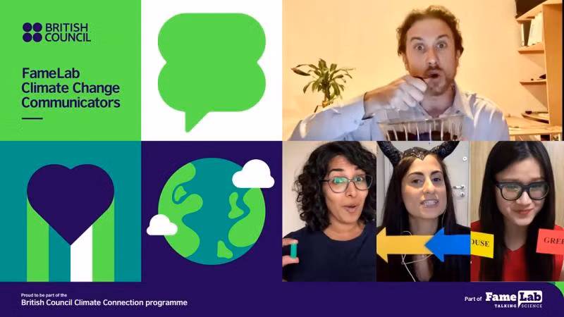 Minh Anh (áo đỏ) khi trình bày bài diễn thuyết của mình tại vòng Chung kết của FameLab 2021. Minh Anh (áo đỏ) khi trình bày bài diễn thuyết của mình tại vòng Chung kết của FameLab 2021.