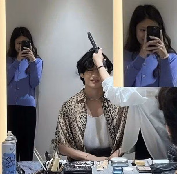 Một nhân vật được cho là Jennie (BLACKPINK) trong phòng chờ cùng V (BTS) ở bức ảnh được đăng tải trên Twitter.