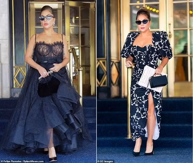 Ngày 28/6, Gaga xuất hiện trong bộ đầm ren xuyên thấu thuộc bộ sưu tập Xuân Hè 2021 của Alexander McQueen (trái). Trước đó một ngày, cô diện váy tay phồng của Giuseppe di Morabito thêu hoa, phối bông tai Oscar de la Renta, nhẫn kim cương của Ana Khouri, giày gót nhọn cổ điển hiệu Giuseppe Zanotti và một chiếc clutch Mark Cross.
