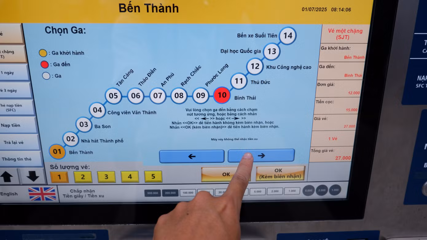 Để mua vé lượt, hành khách cần chọn ga đến.