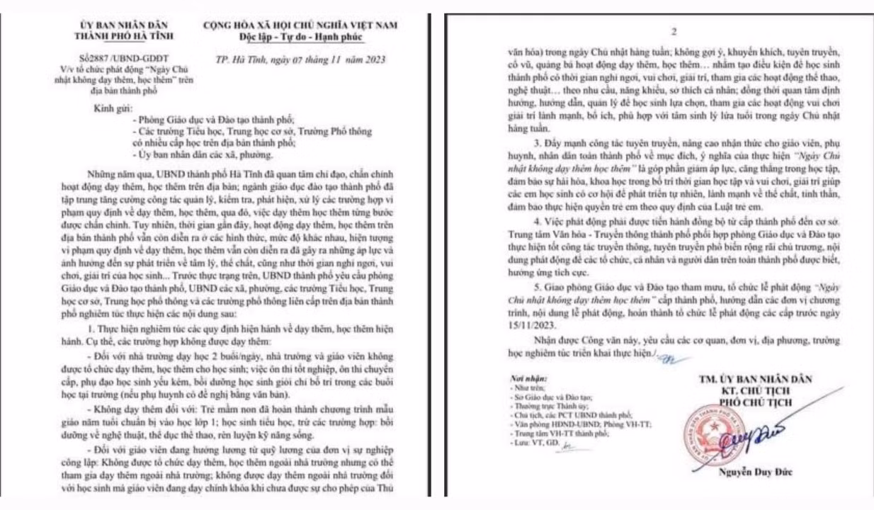 UBND thành phố Hà Tĩnh ban hành văn bản số 2887/UBND-GDĐT về việc tổ chức phát động "Ngày Chủ nhật không dạy thêm, học thêm". UBND thành phố Hà Tĩnh ban hành văn bản số 2887/UBND-GDĐT về việc tổ chức phát động "Ngày Chủ nhật không dạy thêm, học thêm".