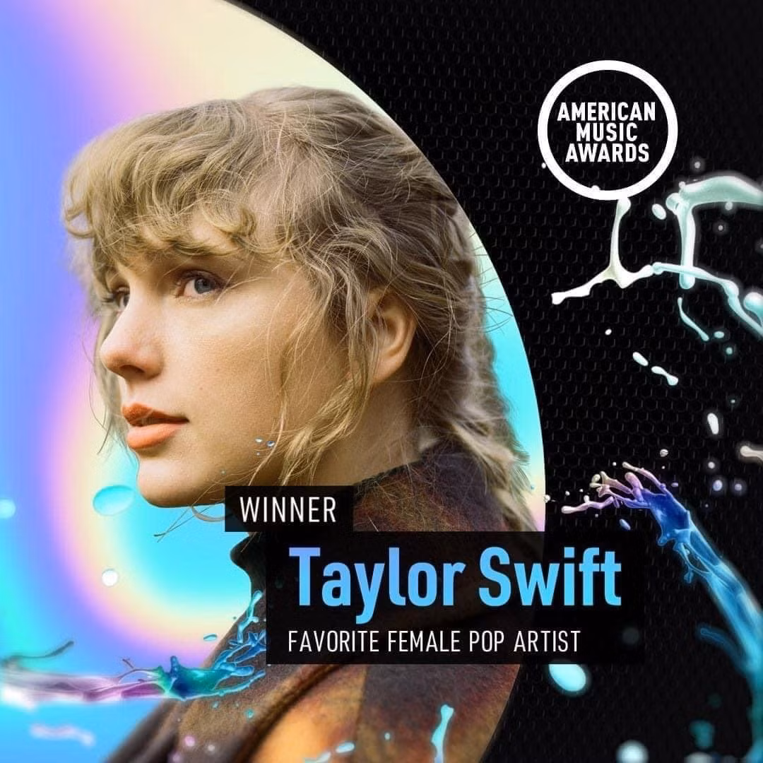Taylor Swift trở thành Nghệ sĩ nữ nhạc Pop được yêu thích nhất năm 2021 tại AMAs. Taylor Swift trở thành Nghệ sĩ nữ nhạc Pop được yêu thích nhất năm 2021 tại AMAs.