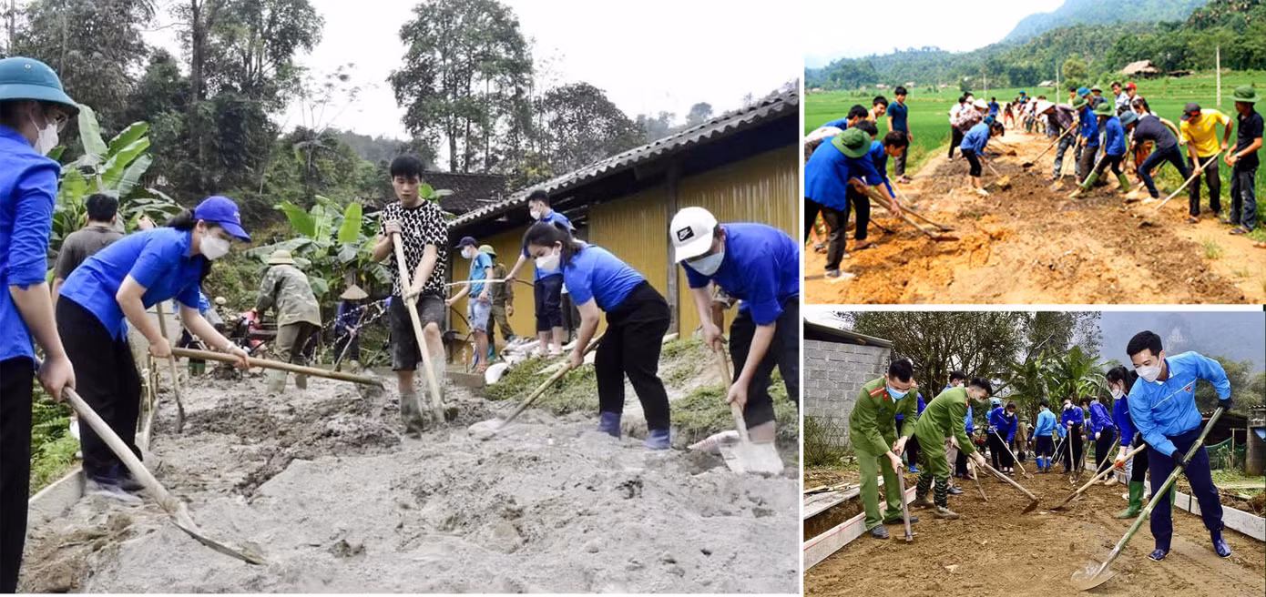 Đoàn viên thanh niên tham gia phong trào "3 cùng" với người dân bằng việc đóng góp ngày công xây dựng tuyến đường bê tông nông thôn. Ảnh: TĐTQ.