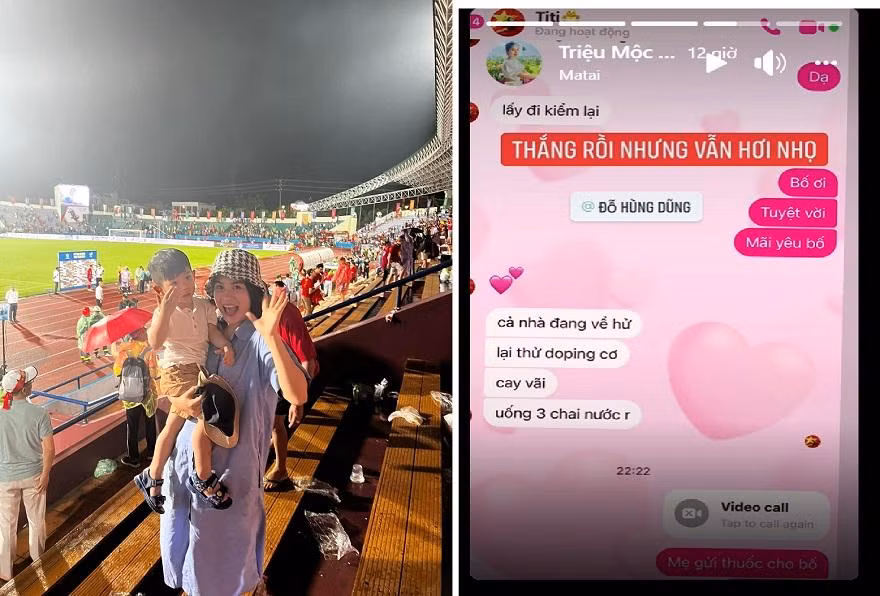 Vợ con Hùng Dũng dự khán tất cả các trận đấu của U23 Việt Nam. Ảnh: FBNV