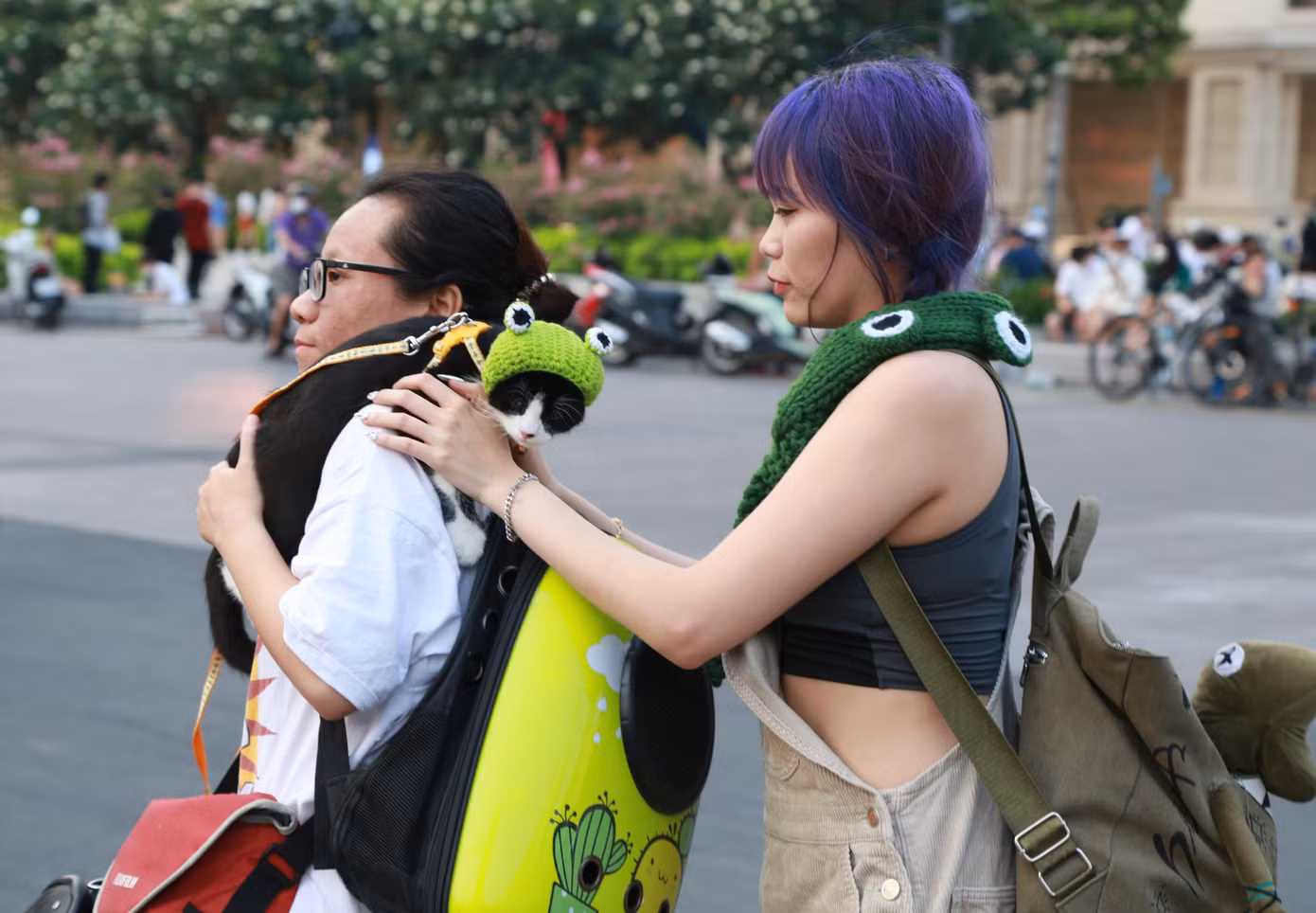 Đôi bạn đưa thú cưng ra phố đổi gió.