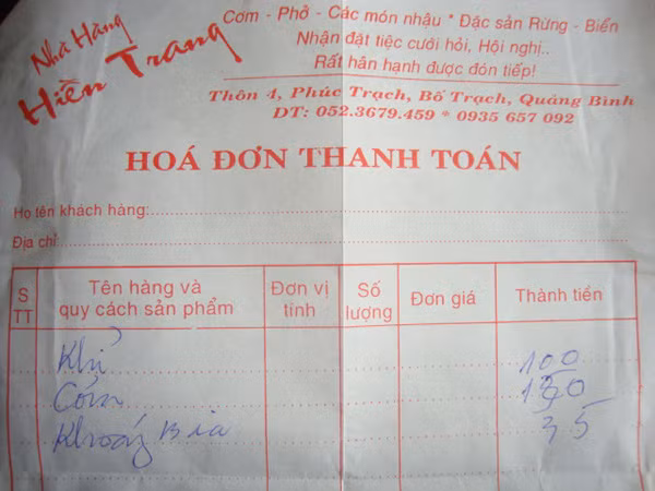 Công khai ghi những món đặc sản rừng vào hóa đơn thanh toán tiền. Công khai ghi những món đặc sản rừng vào hóa đơn thanh toán tiền