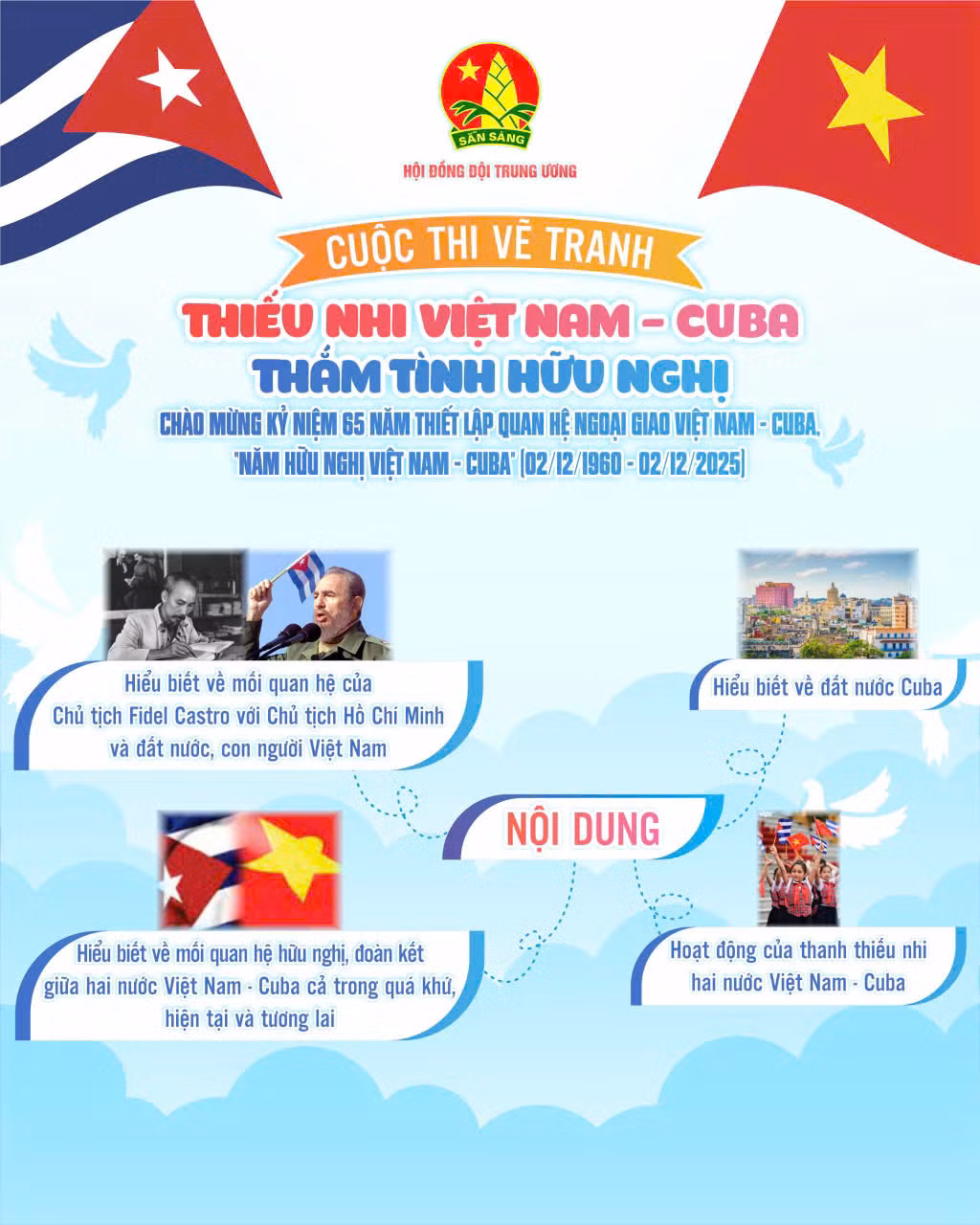 Dịp này, Hội đồng Đội Trung ương cũng phát động cuộc thi vẽ tranh với chủ đề "Thiếu nhi Việt Nam - Cuba, thắm tình hữu nghị", dành cho thiếu nhi Việt Nam từ 6 đến 15 tuổi, đang sinh hoạt, học tập tại các Cung, Nhà Thiếu nhi, Trung tâm Hoạt động thanh thiếu nhi toàn quốc. Dịp này, Hội đồng Đội Trung ương cũng phát động cuộc thi vẽ tranh với chủ đề "Thiếu nhi Việt Nam - Cuba, thắm tình hữu nghị", dành cho thiếu nhi Việt Nam từ 6 đến 15 tuổi, đang sinh hoạt, học tập tại các Cung, Nhà Thiếu nhi, Trung tâm Hoạt động thanh thiếu nhi toàn quốc.