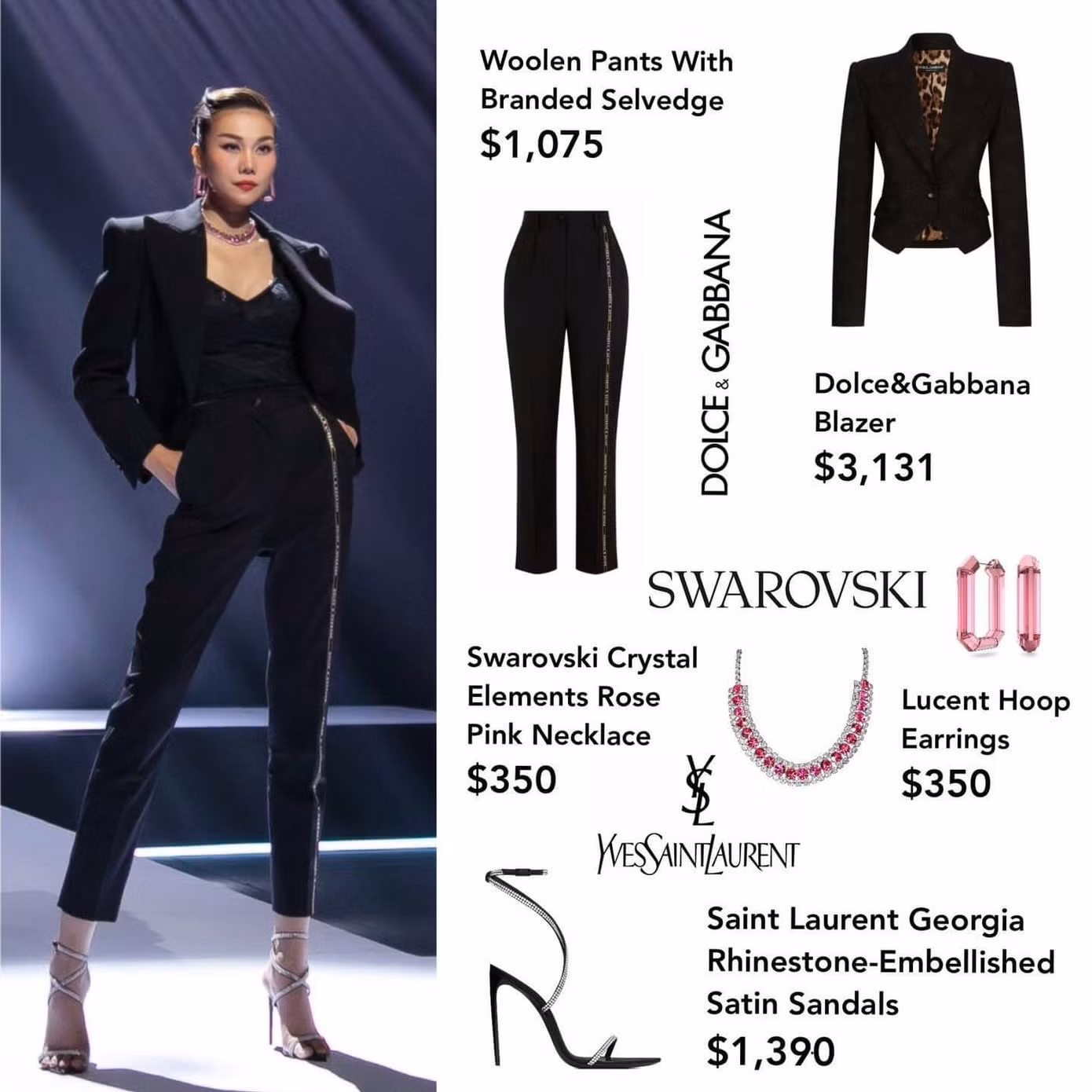 Thanh Hằng kết hợp áo blazer dáng menswear với trang sức và giày từ Dolce & Gabbana, YSL.. Tổng set đồ mà người đẹp mặc có giá khoảng 150 triệu đồng. Thanh Hằng kết hợp áo blazer dáng menswear với trang sức và giày từ Dolce & Gabbana, YSL.. Tổng set đồ mà người đẹp mặc có giá khoảng 150 triệu đồng.