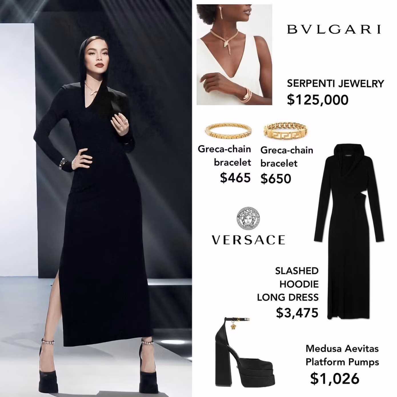 Không hổ danh là nữ hoàng giải trí, Hồ Ngọc Hà diện nguyên cây Versace và đeo trang sức Bulgari. Tổng chi phí cho bộ trang phục này của bà mẹ 3 con lên tới hơn 3 tỉ đồng. Không hổ danh là nữ hoàng giải trí, Hồ Ngọc Hà diện nguyên cây Versace và đeo trang sức Bulgari. Tổng chi phí cho bộ trang phục này của bà mẹ 3 con lên tới hơn 3 tỉ đồng.
