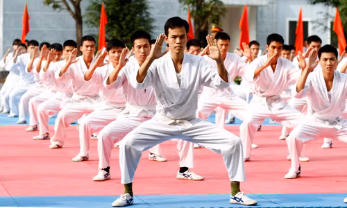 Các học viên trình diễn các bài võ tổng hợp của lực lượng vũ trang. Các học viên trình diễn các bài võ tổng hợp của lực lượng vũ trang