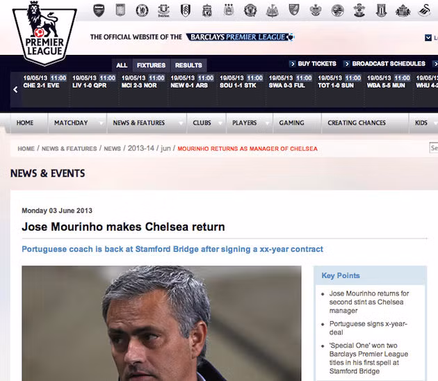 Bản tin Mourinho trở lại Chelsea sớm bị gỡ