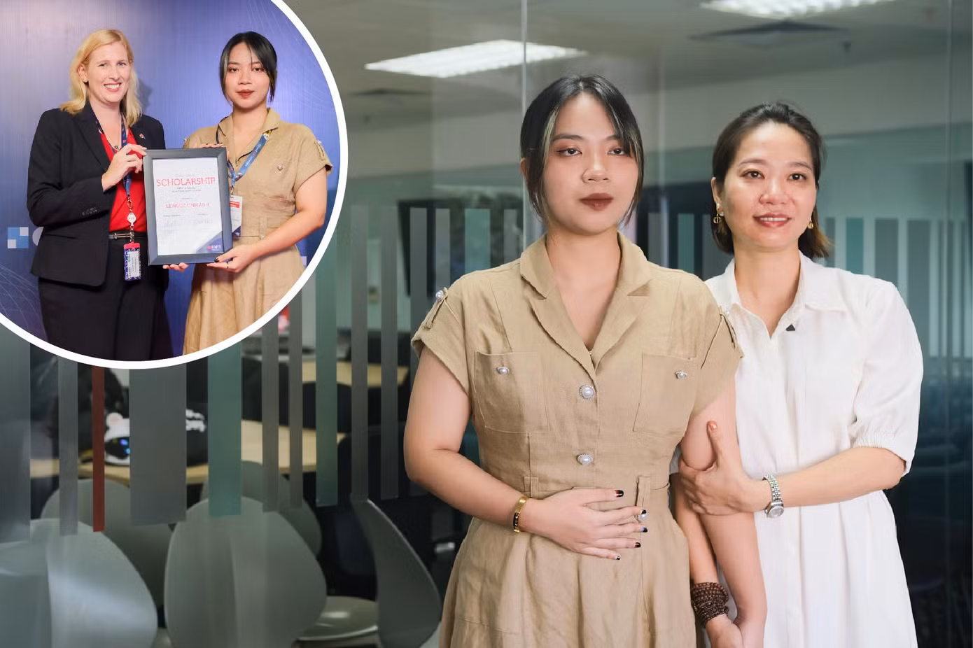 Lê Ngọc Linh Anh nhận học bổng tại buổi lễ diễn ra ở cơ sở Hà Nội, RMIT Việt Nam, và mừng thành tựu của mình cùng với mẹ của bạn.
