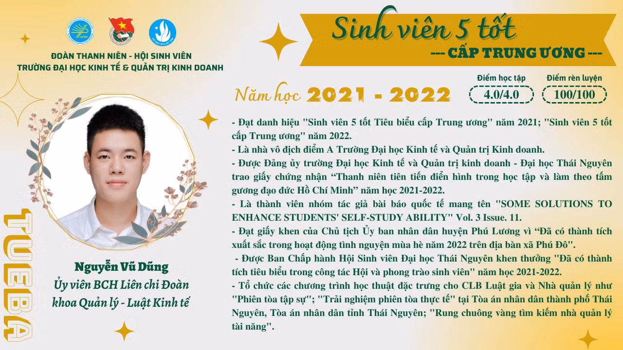 Bảng thành tích ấn tượng của nam sinh trường Đại học Kinh tế và Quản trị kinh doanh.