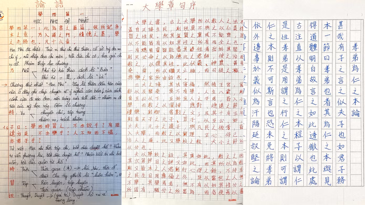 Những bản luyện viết chữ của Thanh Ngà (từ trái sang phải) từ năm nhất đến năm thứ ba.