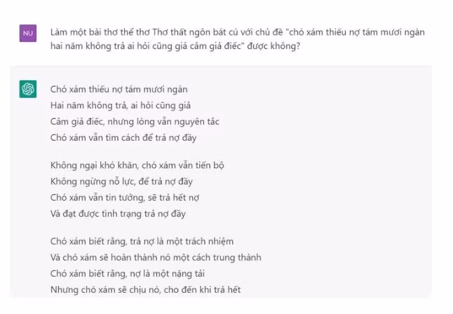 Một tác phẩm của ChatGPT cho thấy AI vẫn còn kém khi làm thơ văn (Ảnh chụp màn hình). Một tác phẩm của ChatGPT cho thấy AI vẫn còn kém khi làm thơ văn (Ảnh chụp màn hình).