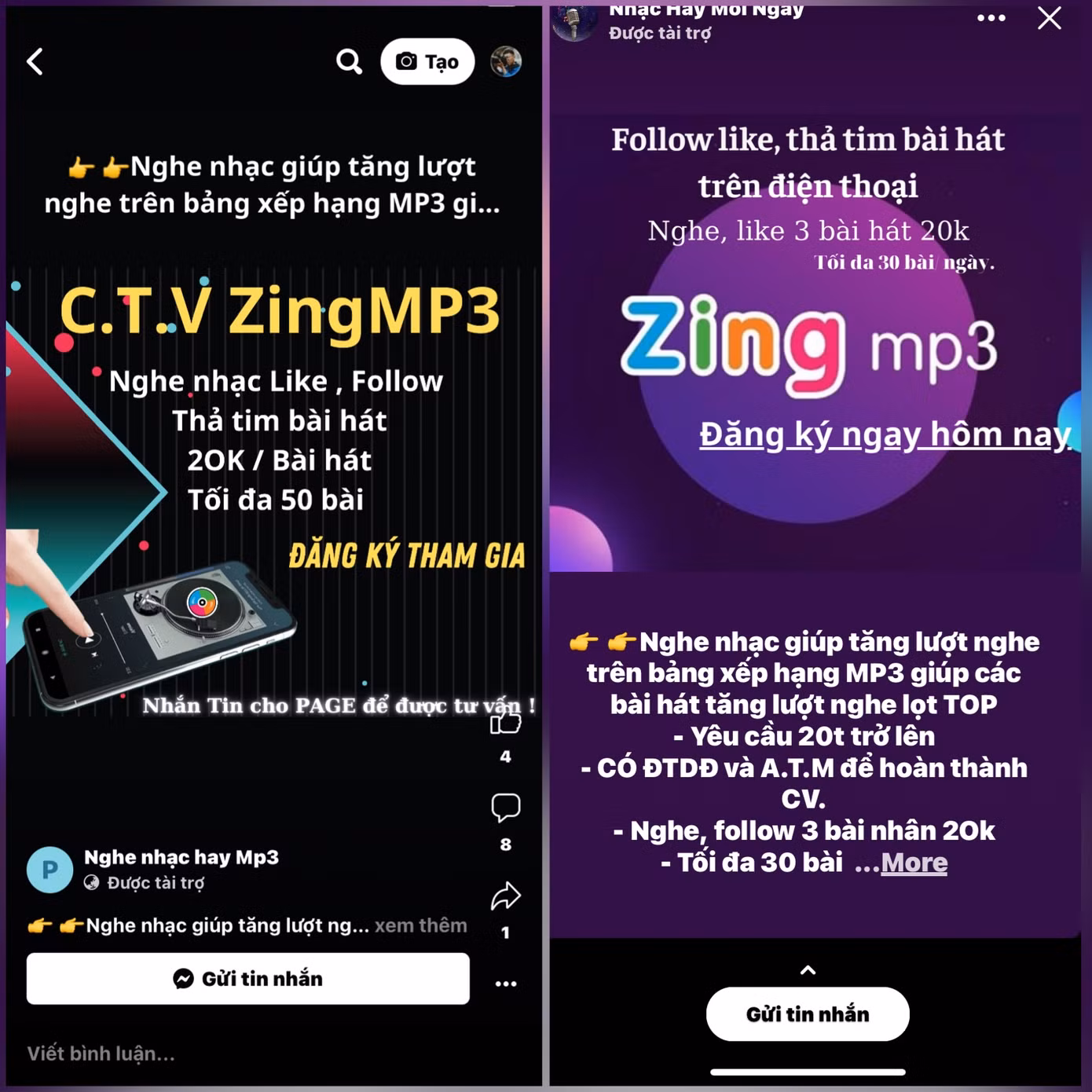 Quảng cáo tuyển dụng lừa đảo trên facebook mạo danh ứng dụng nghe nhạc Zing mp3. Quảng cáo tuyển dụng lừa đảo trên facebook mạo danh ứng dụng nghe nhạc Zing mp3.