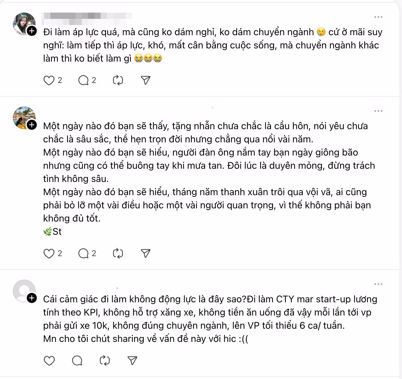 Từ sức khỏe tinh thần, áp lực công việc đến tình yêu... đây là những chủ đề phổ biến được giới trẻ chia sẻ cởi mở hơn trên Threads. Ảnh: MXH Threads