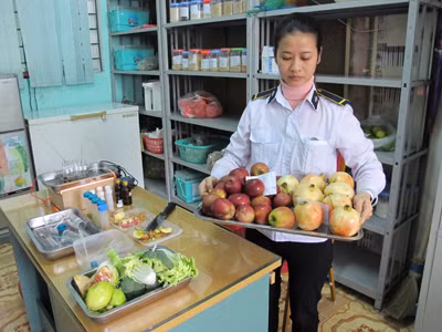 Lấy mẫu táo, lựu của Trung Quốc kiểm tra ATTP tại cửa khẩu Lào Cai