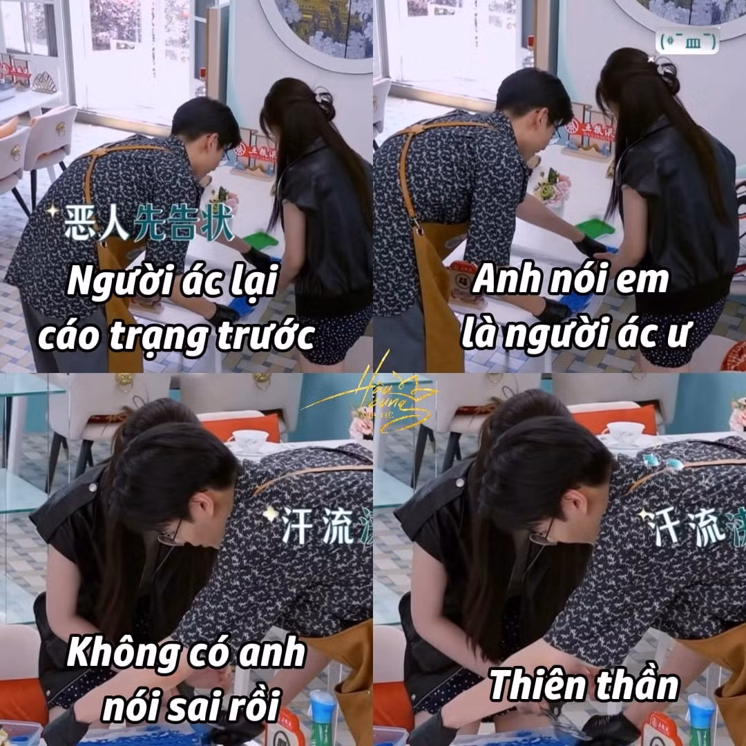 Suýt bị Ngu Thư Hân dỗi vì gọi cô là "người ác", Hồ Nhất Thiên nhanh chóng nhận lỗi và sửa lại là "thiên thần" khiến khán giả "quắn quéo". (Nguồn ảnh: FB Nhà Tôi 3 Đời Xem Phim Trung).