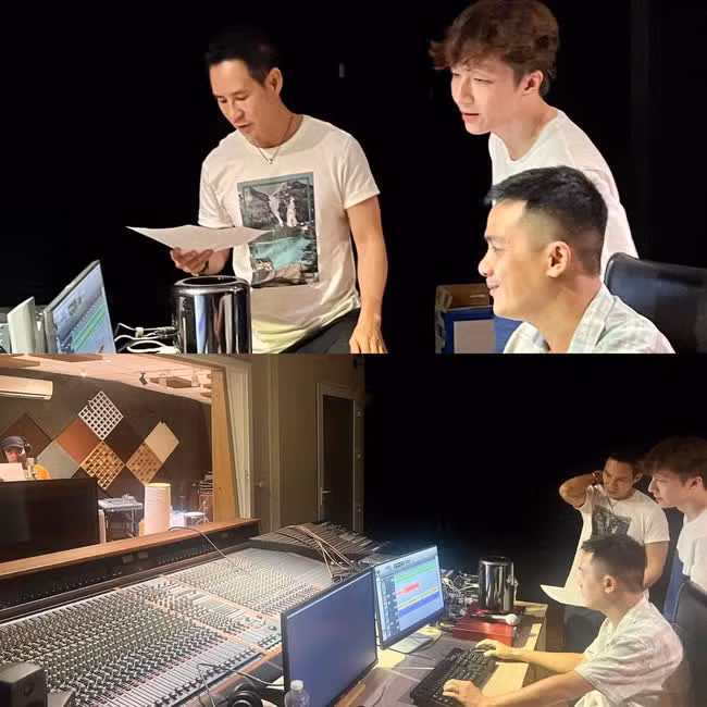 Hình ảnh ca sĩ Lý Hải vẫn miệt mài trong phòng thu cho OST của Lật mặt 6 ngày 22/3. (Ảnh cắt từ livestreams của chị Minh Hà)