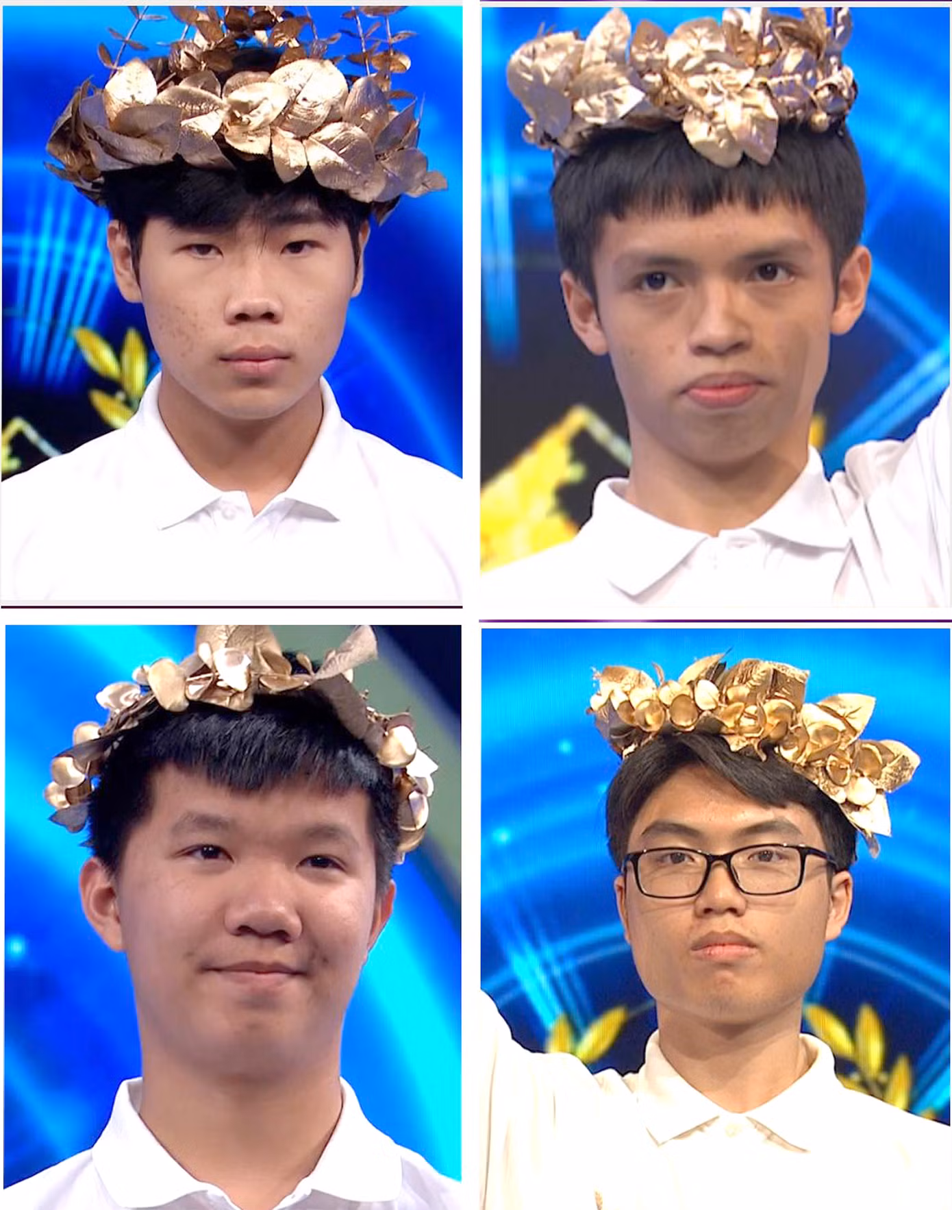 Bốn thí sinh Chung kết Olympia 23: Nguyễn Việt Thành, Nguyễn Minh Triết, Lê Xuân Mạnh, Nguyễn Trọng Thành (thứ tự từ trái sang phải, từ trên xuống dưới). Bốn thí sinh Chung kết Olympia 23: Nguyễn Việt Thành, Nguyễn Minh Triết, Lê Xuân Mạnh, Nguyễn Trọng Thành (thứ tự từ trái sang phải, từ trên xuống dưới).