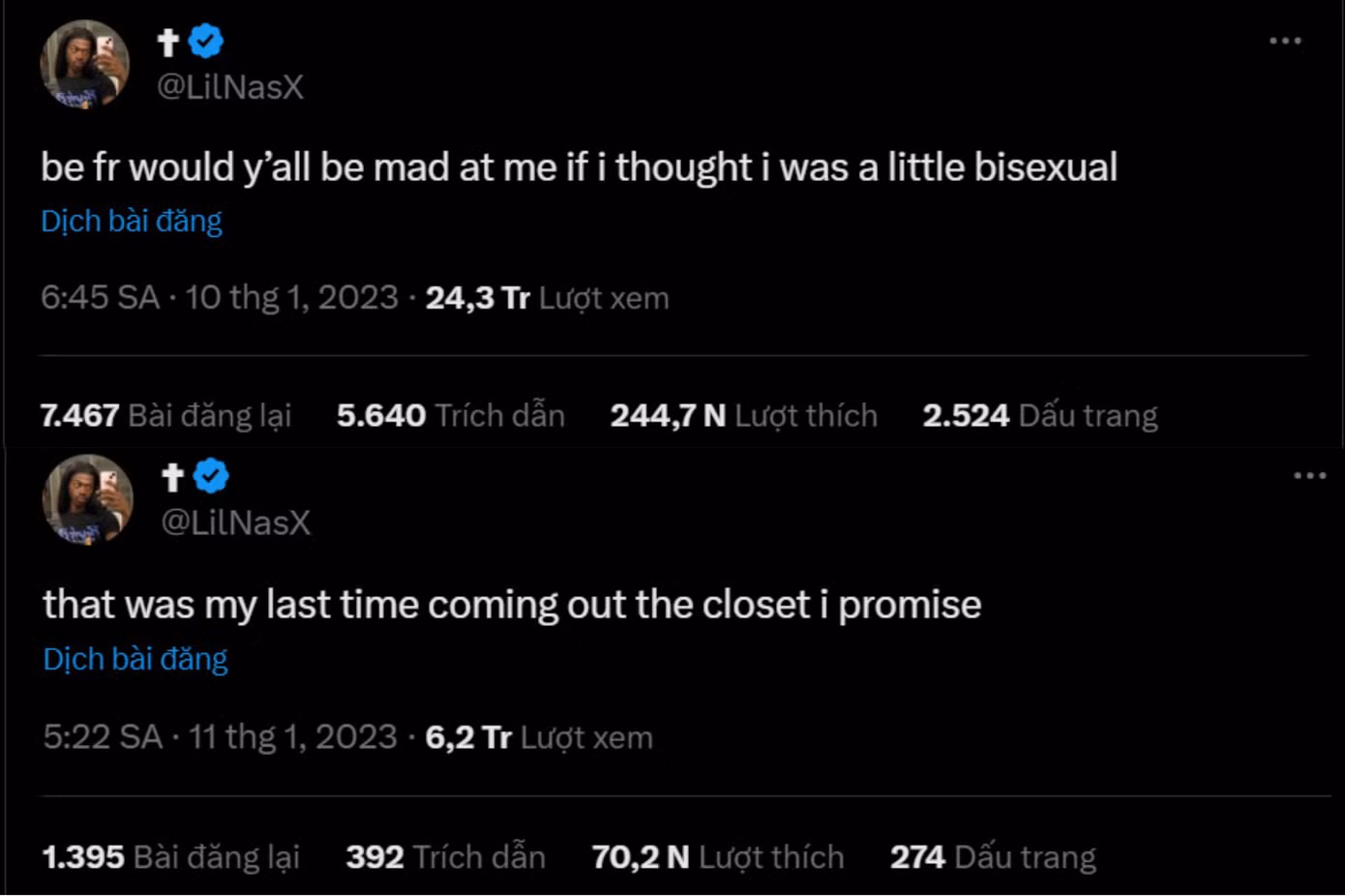Những dòng trạng thái của Lil Nas X trên Twitter. Những dòng trạng thái của Lil Nas X trên Twitter.