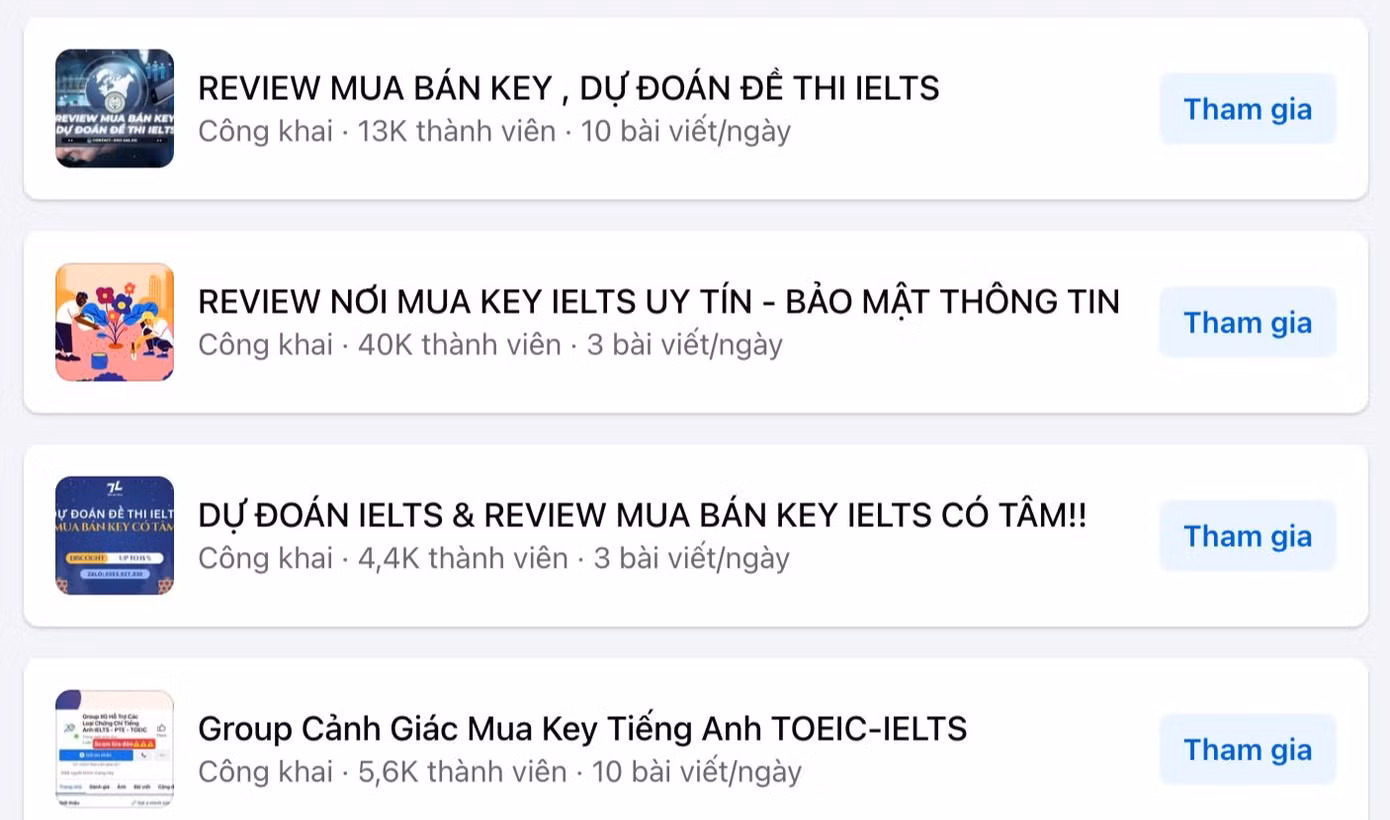 Nhiều hội nhóm, từ công khai đến kín đều có thể dễ dàng tìm các dịch vụ mua, bán đáp án. Nhiều hội nhóm, từ công khai đến kín đều có thể dễ dàng tìm các dịch vụ mua, bán đáp án.