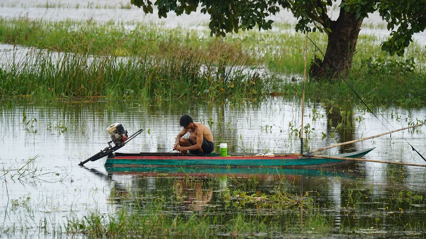 Người dân đẩy côn bắt cá ngoài đồng lũ. Ảnh: Hòa Hội.