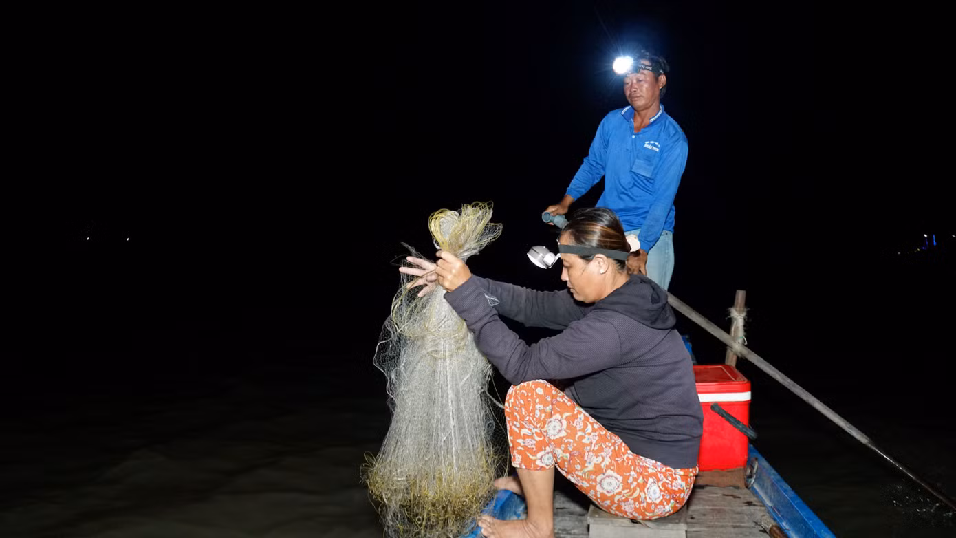 Gần 3h sáng, trời còn tối mịt, mọi người bắt đầu tỏa đi nhiều hướng trên đồng mênh mông chỉ có nước để bủa lưới. Trong ảnh, vợ chồng ông Lê Văn Thuận và bà Trương Ngọc Hiền bủa lưới. Ông Thuận đầu đội đèn pin đứng phía sau chèo xuồng rọi cho vợ ngồi bủa lưới phía đầu xuồng. Bà Hiền thoăn thoắt bủa từ tay lưới này đến tay lưới khác thuần thục. Ảnh: Hòa Hội. Gần 3h sáng, trời còn tối mịt, mọi người bắt đầu tỏa đi nhiều hướng trên đồng mênh mông chỉ có nước để bủa lưới. Trong ảnh, vợ chồng ông Lê Văn Thuận và bà Trương Ngọc Hiền bủa lưới. Ông Thuận đầu đội đèn pin đứng phía sau chèo xuồng rọi cho vợ ngồi bủa lưới phía đầu xuồng. Bà Hiền thoăn thoắt bủa từ tay lưới này đến tay lưới khác thuần thục. Ảnh: Hòa Hội.