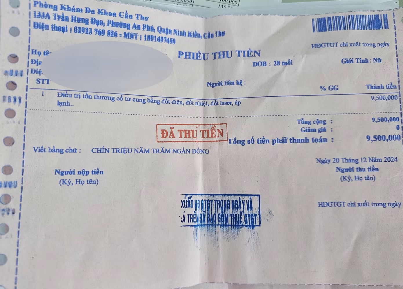 Phiếu thu điều trị cổ tử cung bằng đốt điện tại Phòng khám đa khoa Cần Thơ.