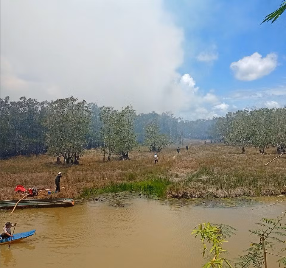 Người dân, cán bộ tham gia chữa cháy. Người dân, cán bộ tham gia chữa cháy.